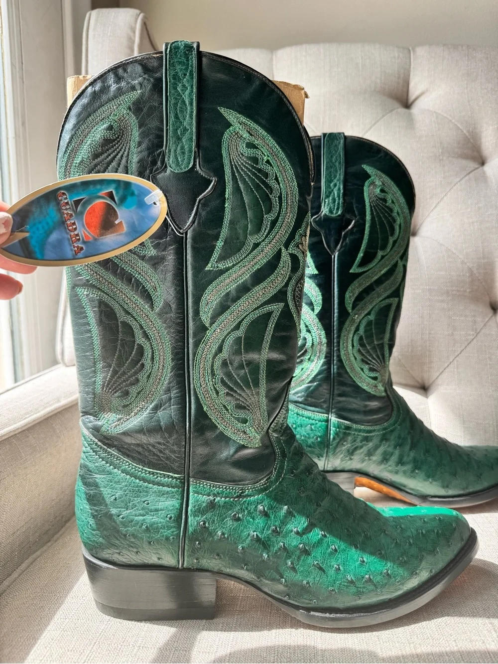 Cuadra Men’s Green Full Quill Ostrich Western Cowboy Boots Size 8 Leather Sole